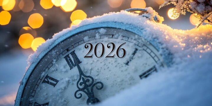 A vintage pocket watch covered in snow displays the year 2026 illuminated by warm bokeh lights symbolizing the approaching new year