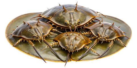 Four horseshoe crabs arranged in a circular pattern on a transparent background, showcasing their unique exoskeletons and segmented bodies, isolated on transparent background