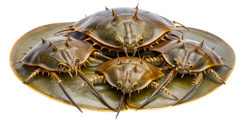 Four horseshoe crabs arranged in a circular pattern on a transparent background, showcasing their unique exoskeletons and segmented bodies, isolated on transparent background