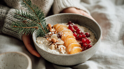 Cozy Winter Oatmeal Bowl with Fruit and Nuts — Warm Seasonal Food Photo