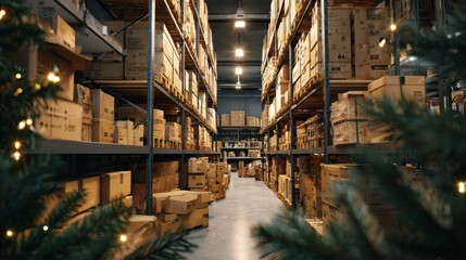 Christmas Warehouse Aisle — Festive Logistics & Storage Photo