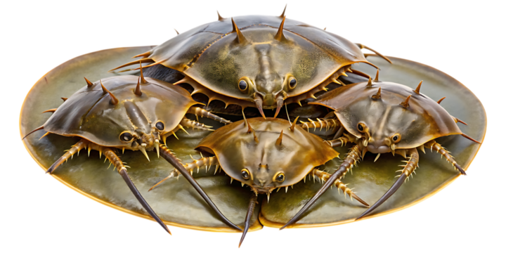 Four horseshoe crabs arranged in a circular pattern on a transparent background, showcasing their unique exoskeletons and segmented bodies, isolated on transparent background