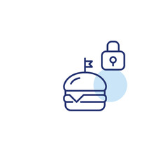 Burger and lock. Secure food order and safety-certified restaurants. Pixel perfect, editable stroke vector icon