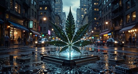 cannabis plant growing from a circuit board in a wet city street at night.