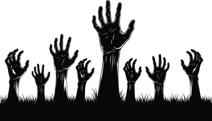 Zombie Undead Hands Silhouette Vector Set, Halloween Horror Graveyard Scene Collection, Monster Rising from Ground Spooky Night