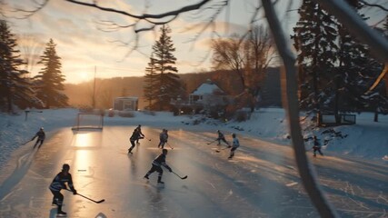 Children Playing Hockey on Frozen Lake at Sunset — Winter Sports Video - Powered by Adobe