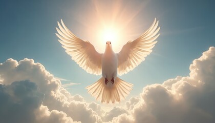 White dove flies in blue sky with sun rays. Bird has wide spread wings against clouds. Symbol of peace love freedom hope and new beginnings. Spiritual animal guides way.