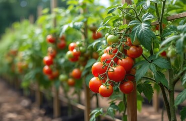 Close up photo of fresh red tomatoes growing on the vine. Tomato plants flourish outdoors in a garden. Ripe tomatoes on the branch ready for harvest.