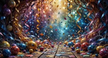 festive celebration with colorful confetti, ribbons, and shimmering ornaments on a rustic wooden table.