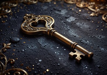 ornate antique key on dark textured surface with gold accents and water droplets for mystery and vintage concepts