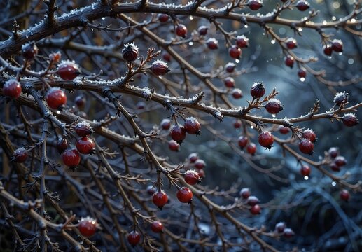 frost covered rose hips on bare branches in winter with shallow depth of field. - Powered by Adobe