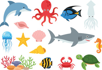 Cute Sea Animals and Objects Vector Set, Marine Life Shark Turtle Dolphin Octopus Fish Icon Collection, Ocean Nature Cartoon