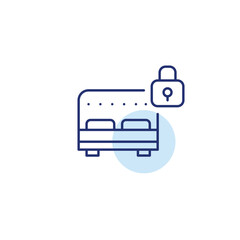 Double bed and lock. Smart home, secure hotel accommodation. Pixel perfect, editable stroke vector icon