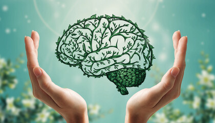 Hands gently support botanical brain artwork, symbolizing mental resilience, growth, and mindfulness in serene pastel green environment with soft natural light