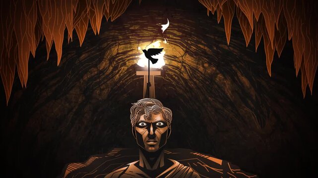 greek philosopher plato in a cave with a torch projecting shadows as allegory