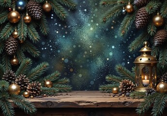 festive christmas scene with decorated wooden table, ornaments, pine cones, and a glowing lantern against a bokeh background.