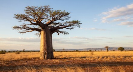 Naklejka premium A large baobab tree stands in a dry, grassy field under a blue sky with light clouds.