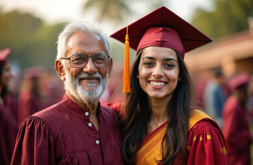 Happy grandfather, graduate granddaughter celebrate graduation day outdoors. Smile near graduation ceremony. Family enjoys special moment on sunny day. Portrait of elder, young adult. Beautiful woman