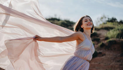 Happy woman outdoors with flowing fabric, smiling in sunlight, mid air action moment, natural landscape background, joyful expression, summer dress, carefree mood