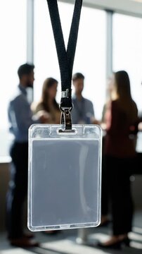 Vertical identity badge hangs in conference room. Business professionals engage in networking activity. Collaboration fosters connections and ideas during event.