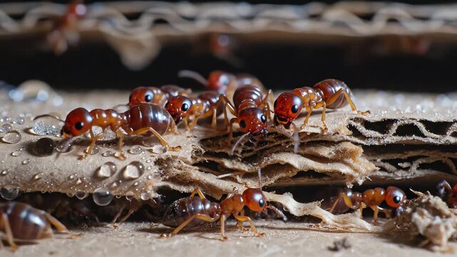 Macro image of termites on chewed cardboard