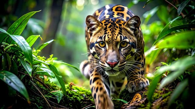 Clouded Leopard Stalking Through Lush Jungle Undergrowth with Intense Gaze.