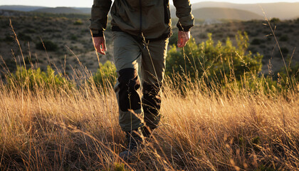 Hiker walking through tall grass during golden hour with sunlight casting warm glow over scenic nature landscape, adventure and exploration in tranquil outdoor setting
