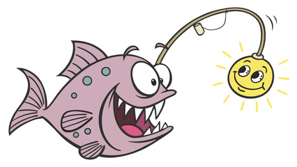 Fototapeta premium Cartoon Anglerfish with Glowing Lure and Wide Grinning Mouth