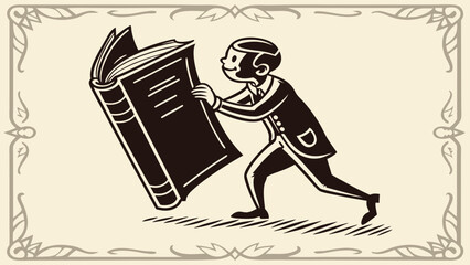 Cartoon man struggling to carry a large heavy book with decorative frame