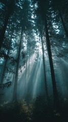 Fototapeta premium Sunlight filters through the tall trees in a misty forest, creating an ethereal atmosphere as the beams illuminate the forest floor and foliage.