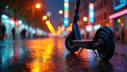 Electric scooter rests on wet city street at night. Neon lights reflect on wet pavement. Blurred figures walk past shops. Eco transport for urban areas.