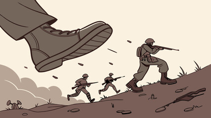 Soldiers Running Uphill Evading Giant Boot Symbolic of War and Conflict