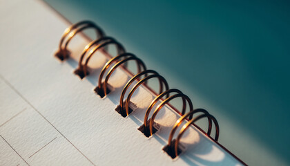 Spiral binding close up on blank calendar page with soft focus, minimal style, clean white paper, and warm sunlight creating calm and organized mood