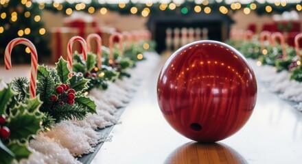 Red bowling ball in festive setting with candy canes and decorations  