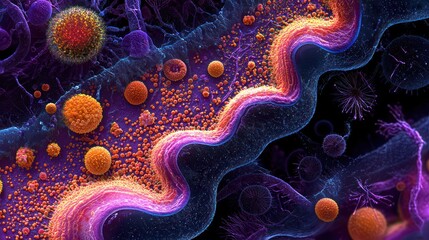 Abstract, vibrant, detailed render of microscopic organisms, cells, and organic structures