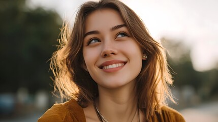 A young woman with a radiant smile gazes upwards bathed in the warm glow of golden hour sunlight outdoors
