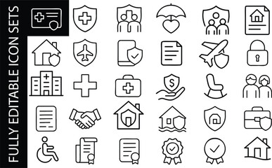 Minimal editable line icon set for insurance, health care, family protection, security, medical service and home safety