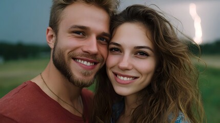 A joyful young couple smiles brightly against a dramatic stormy sky with distant lightning visible