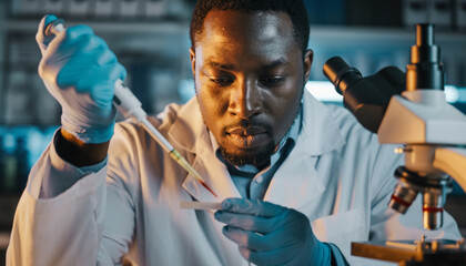 Medical researcher wearing lab coat and gloves prepares blood test using pipette and glass slide, focused expression, laboratory microscope in background, clinical research setting