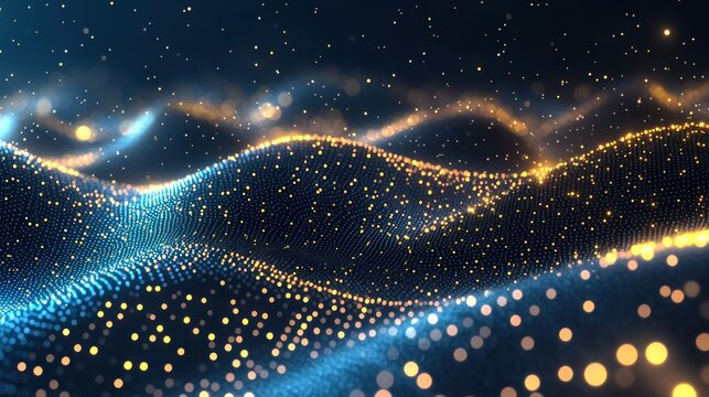Abstract glowing dots form undulating waves, with blue and yellow hues over a dark space