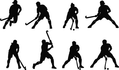 Field Hockey Player Action Silhouettes Set Vector Illustration Graphic Art Design Outline Sketch Symbol Stick Ball Game.
