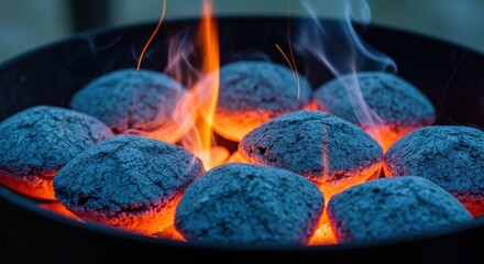 Charcoal briquettes glowing in a grill with flames and smoke at a backyard barbecue event during evening hours