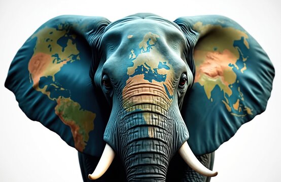 Elephant with world map on skin symbolises global environmental protection. Animal with continents on ears, trunk represents wildlife conservation efforts worldwide. Caring for planet earth ensures