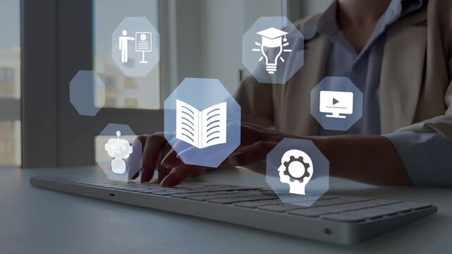 Business Woman who attends online lessons on a digital technology screen.Digital internet lessons and online webinar on virtual screen.E-learning education.Education internet Technology.	
