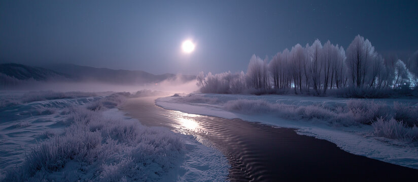 Misty winter river under full moon with ice covered trees and snow - Powered by Adobe