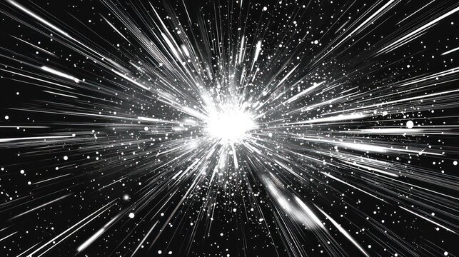Bright light explosion center, radiating speed lines and specks in dark space - Powered by Adobe