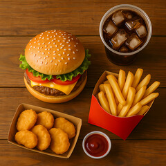Delicious fast food spread with burger, fries, nuggets, and drink