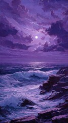 Fototapeta premium An artful painting of waves crashing onto a rocky shore beneath a dramatic sky with a full moon creating a serene and powerful scene.
