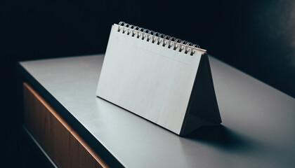 Empty spiral desk calendar with blank pages on modern table, minimalist style, soft studio lighting, calm and neutral mood, copy space for design