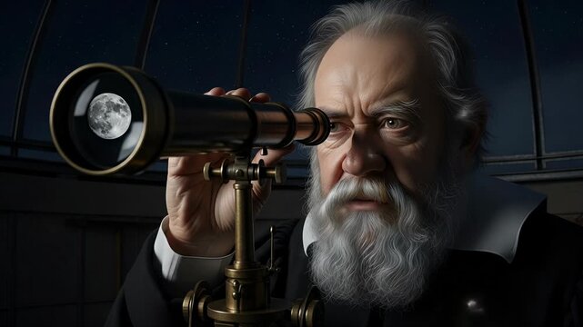 Galileo Galilei observes dust motes and the moon's surface through his telescope at night